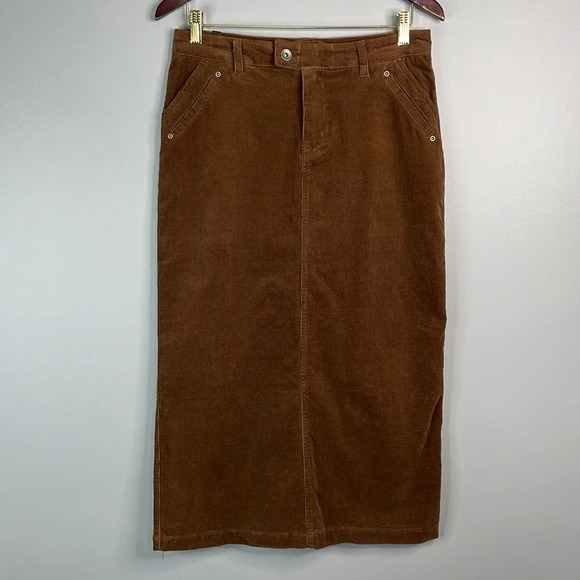 COTTON GINNY Y2K Brown Midi Skirt Corduroy Back Slit Pockets Cotton Spandex 5 - Picture 12 of 12